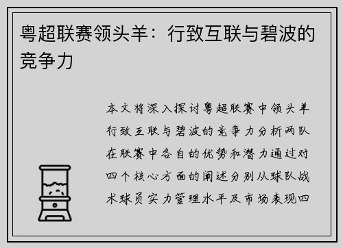 粤超联赛领头羊：行致互联与碧波的竞争力