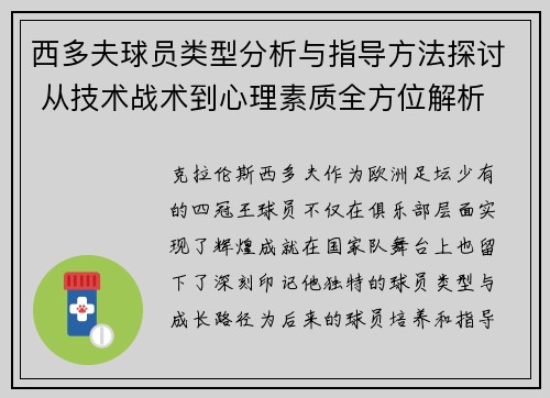 西多夫球员类型分析与指导方法探讨 从技术战术到心理素质全方位解析