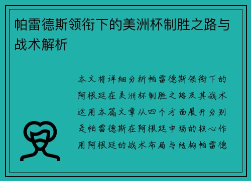 帕雷德斯领衔下的美洲杯制胜之路与战术解析