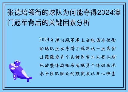 张德培领衔的球队为何能夺得2024澳门冠军背后的关键因素分析