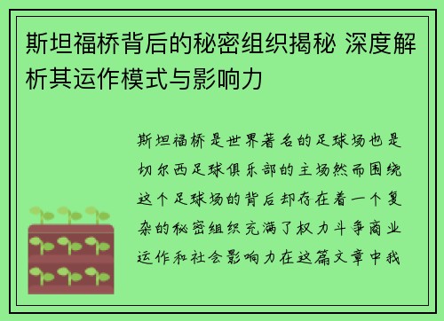 斯坦福桥背后的秘密组织揭秘 深度解析其运作模式与影响力